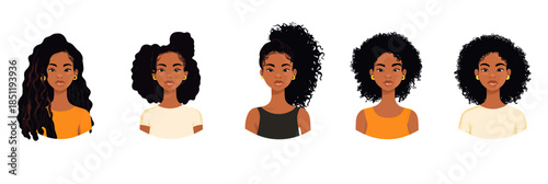 Set of five African American women avatars with diverse natural hairstyles including curls, waves, afro and buns, flat minimalist vector portraits on white background
