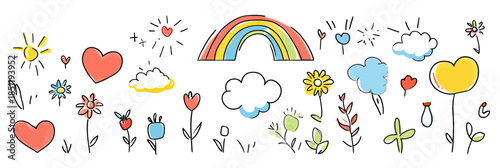 Hand drawn doodle colorful rainbow flowers hearts clouds sunshine playful children sketch vector illustration in minimalist flat style background design element set