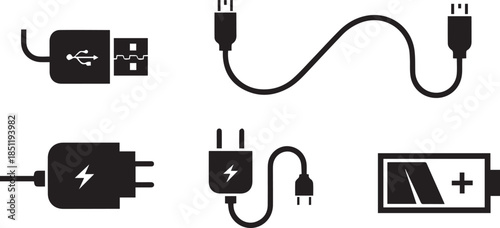 Collection of electronic device charging cables adapters and battery icons silhouette set