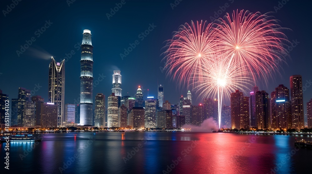 Fototapeta premium Nighttime cityscape covered in brilliant fireworks, vibrant LED-lit buildings, bold New Year lettering floating above the skyline, mirror-like water reflections, dramatic lighting, ultra HD