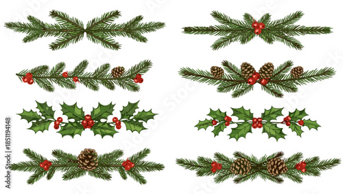 Hand Drawn Rustic Christmas Dividers Set with Fir Branches and Holly Berries, Vector Winter Holiday Text Separators