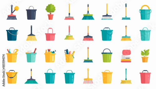 Colorful cleaning supplies and tools.