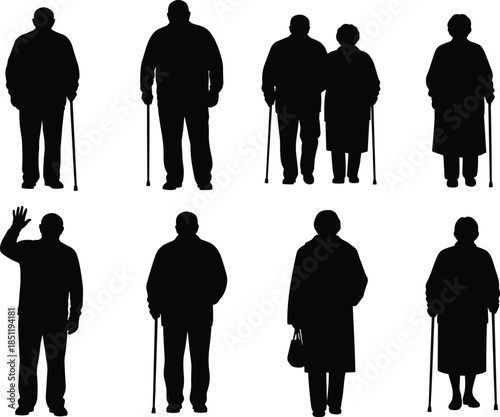 Elderly people silhouette vector set with senior citizens walking with canes and retired couples for aging healthcare and lifestyle design