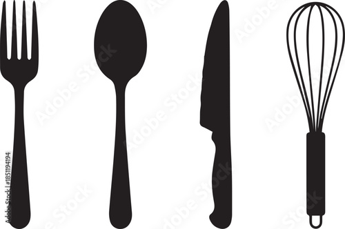 Simple black silhouette of a fork spoon knife and whisk kitchen utensils for cooking