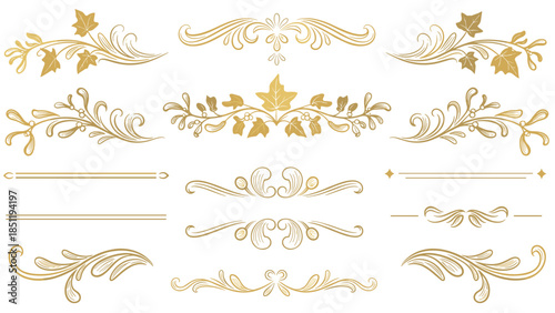 Luxury gold foil Christmas dividers, elegant swirling flourishes, winter wedding invitation borders, mistletoe and ivy leaves, golden gradient texture, calligraphy style lines.