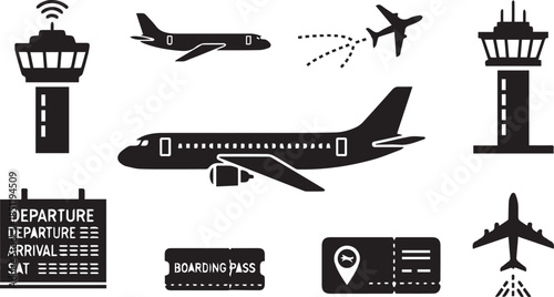 Collection of airport silhouettes airplanes control towers boarding pass and departure board
