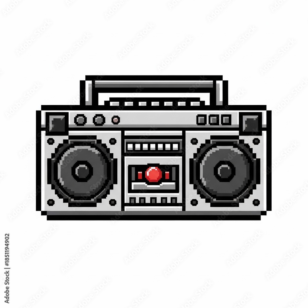 Fototapeta premium Pixel Art Retro Boombox Icon - Classic 8-bit Ghetto Blaster perfect for game asset, app icon, website graphic, t-shirt design, social media post, retro theme