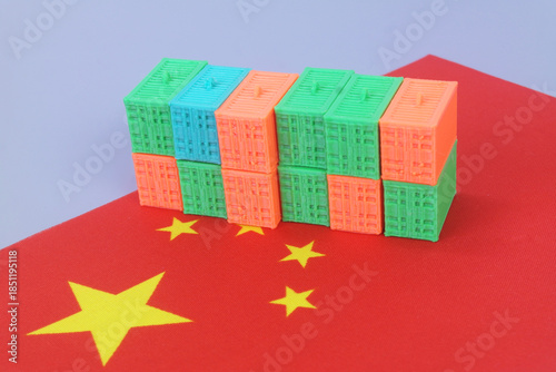 Tableau sur toile Many cargo containers on Chinese flag