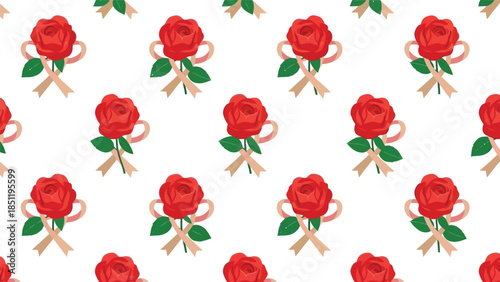 Romantic Red Rose Pattern Vector for Valentine's Day and Weddings, Seamless Floral Design with Ribbons and Green Leaves