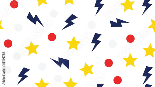 Fun and Vibrant Colorful Vector Pattern of Stars, Lightning Bolts, and Dots for Modern Designs
