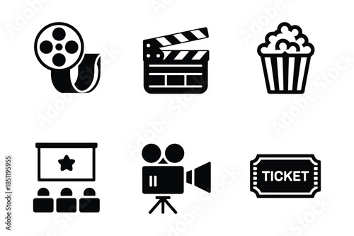 Movie Theater and Cinema Industry Black Silhouette Icon Set
