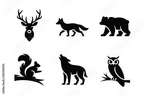 Wild Forest Animals and Wildlife Black Silhouette Icon Set