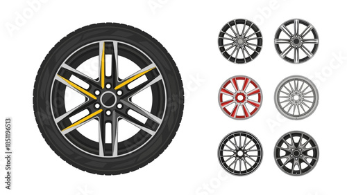 Variety of vector automotive wheels and tires, showcasing different rim designs for vehicles.