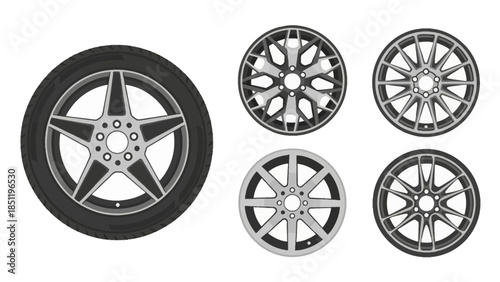 Diverse car wheels and vehicle rims, with a tire, vector illustration for automotive design.