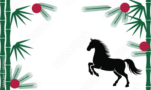 chinese new year 2026 greeting card border with bamboo branches pine needles red berries and prancing horse silhouette