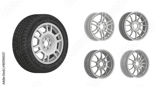 Automotive Wheel and Various Rim Designs Illustration on White Background