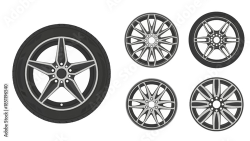 Variety of modern car wheel designs and an automotive tire, isolated vector illustration set.