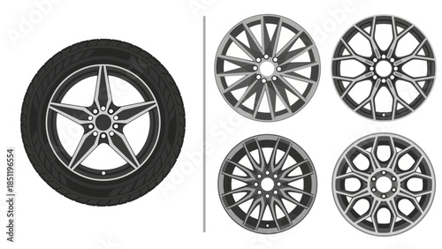 Vector Illustration Showcasing Diverse Automotive Wheel and Tire Designs for Modern Vehicles