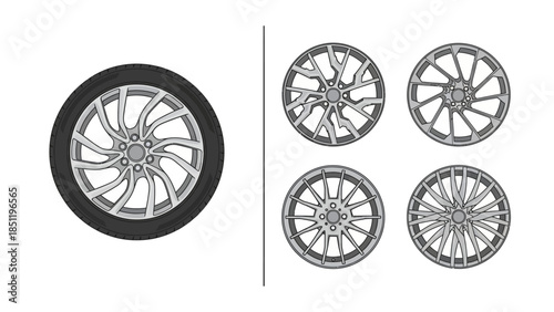 Vector illustrations of diverse car wheels and automotive rims designs, isolated on white background