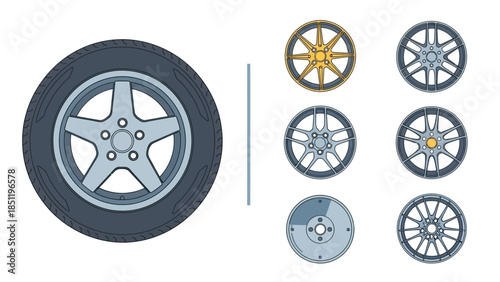 Automotive wheel and rim designs: A collection of vector illustrations showcasing different vehicle part styles