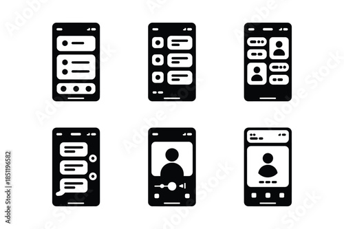 Mobile Application Interface and User Profile Black Icon Set