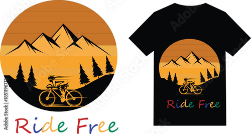 Cyclist in mountains vintage sunset design