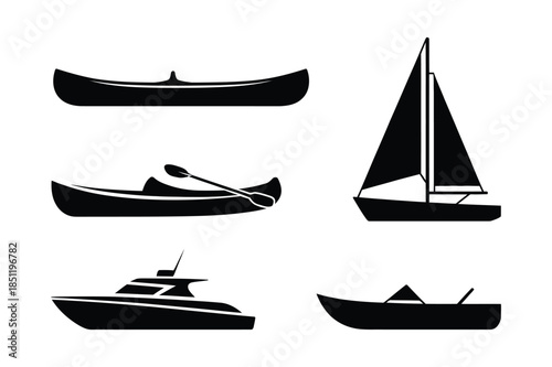 Watercraft silhouettes including sailboat yacht canoe and kayak