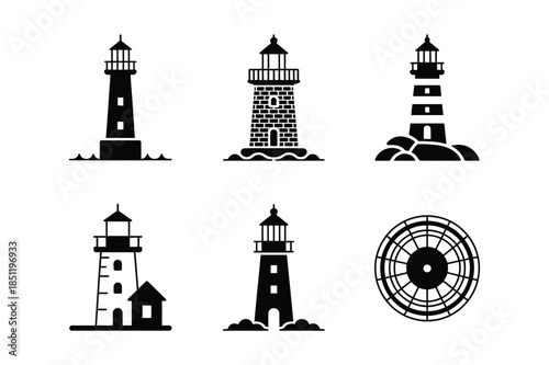 Maritime lighthouse icons and coastal navigation safety symbols