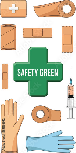 Medical First Aid Kit and Supplies for Safety Green.