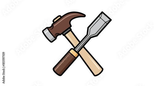 Crossed hammer and chisel icon in colorful outline style on white background