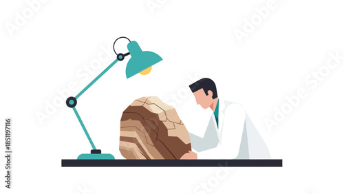 Geologist analyzing rock formation under desk lamp in modern office setting