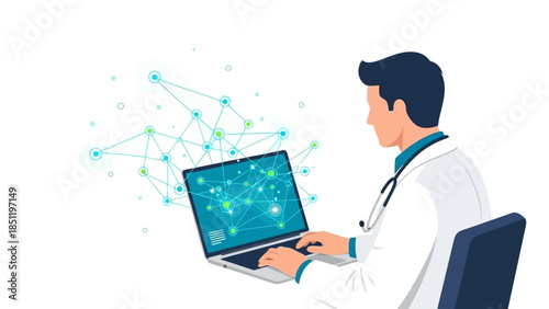 Digital healthcare concept with doctor using laptop and network connections