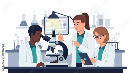 Collaborative scientists analyzing specimens in a modern laboratory setting
