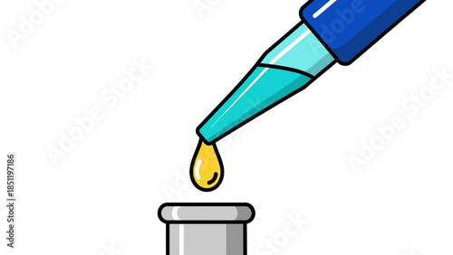 Colorful liquid droplet from pipette into test tube in cartoon style
