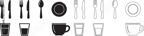 Vector Kitchenware and Tableware Icon Set with Cutlery, Plates, Glasses, and Cups in Solid and Outline Styles isolated PNG with Transparent Background