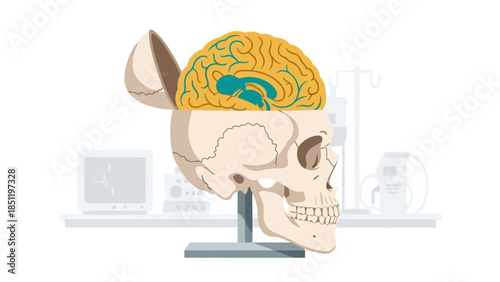Detailed anatomy of human skull and brain with medical equipment background