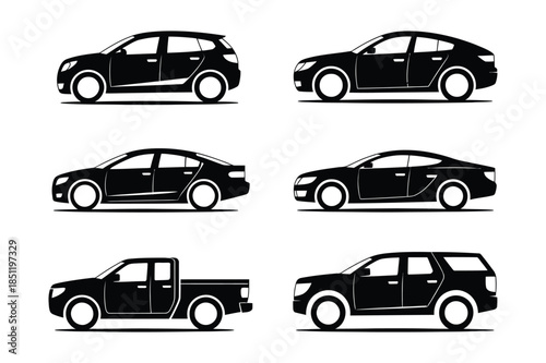 Car silhouettes set showing different vehicle types and models