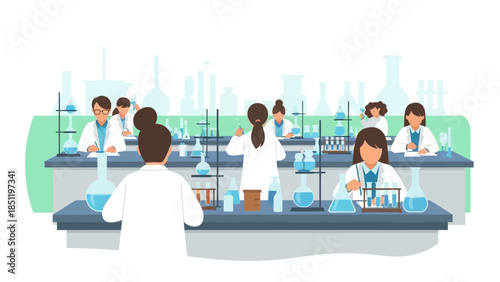 Scientists in laboratory conducting experiments with test tubes and beakers