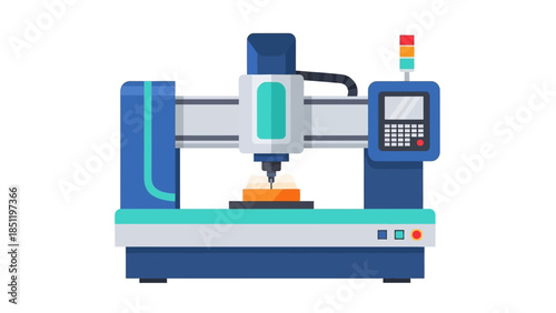 Flat design industrial cnc machine with control panel on white background