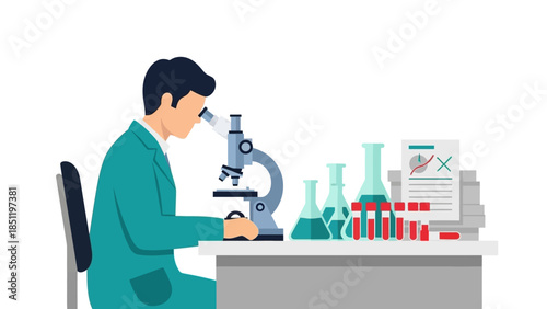 Scientist in laboratory analysing samples with microscope and test tubes