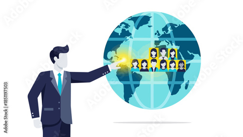 Businessman points to global network of people on world map