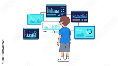 Young analyst observing interactive flat digital data screens