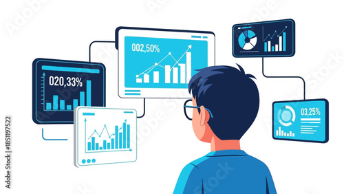 Data analysis concept with person reviewing analytics on multiple screens