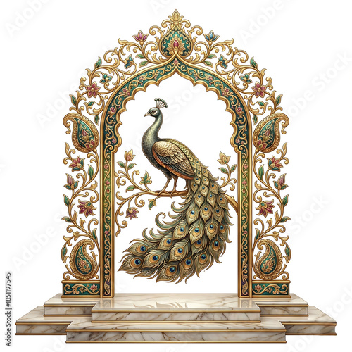 Ornate Archway with Peacock Perched on a Branch bird isolated on a transparent background