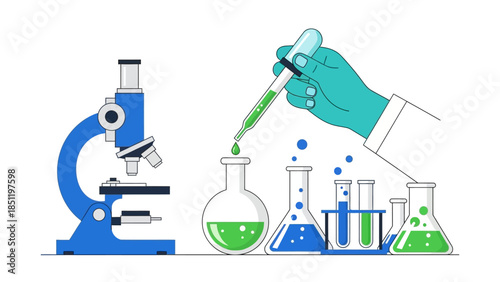 Scientific experiment with laboratory equipment and hand dropping liquid into flask