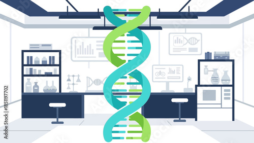 Laboratory scene with dna helix and genetic research equipment