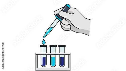 Laboratory pipette and test tubes with blue liquid in hand-drawn style