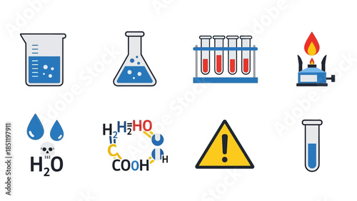 Colorful chemistry icons set: lab equipment and safety symbols