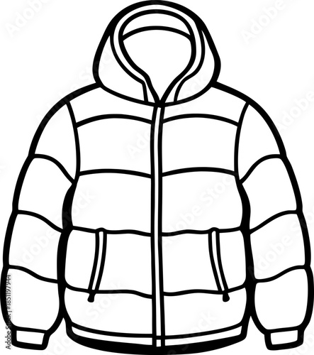 A Shiny Blue Puffer Jacket with Zipper and Hood, Blue Puffer Jacket Vector Illustration, Winter Hooded Jacket Graphic, Shiny Insulated Puffer Jacket Design