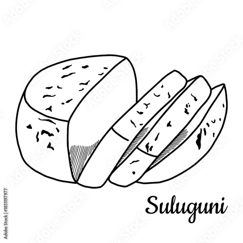 Suluguni cheese hand drawn illustration. Cut slices of delicious soft cheese. Engraving style design for dairy farm product packaging. Vector illustration